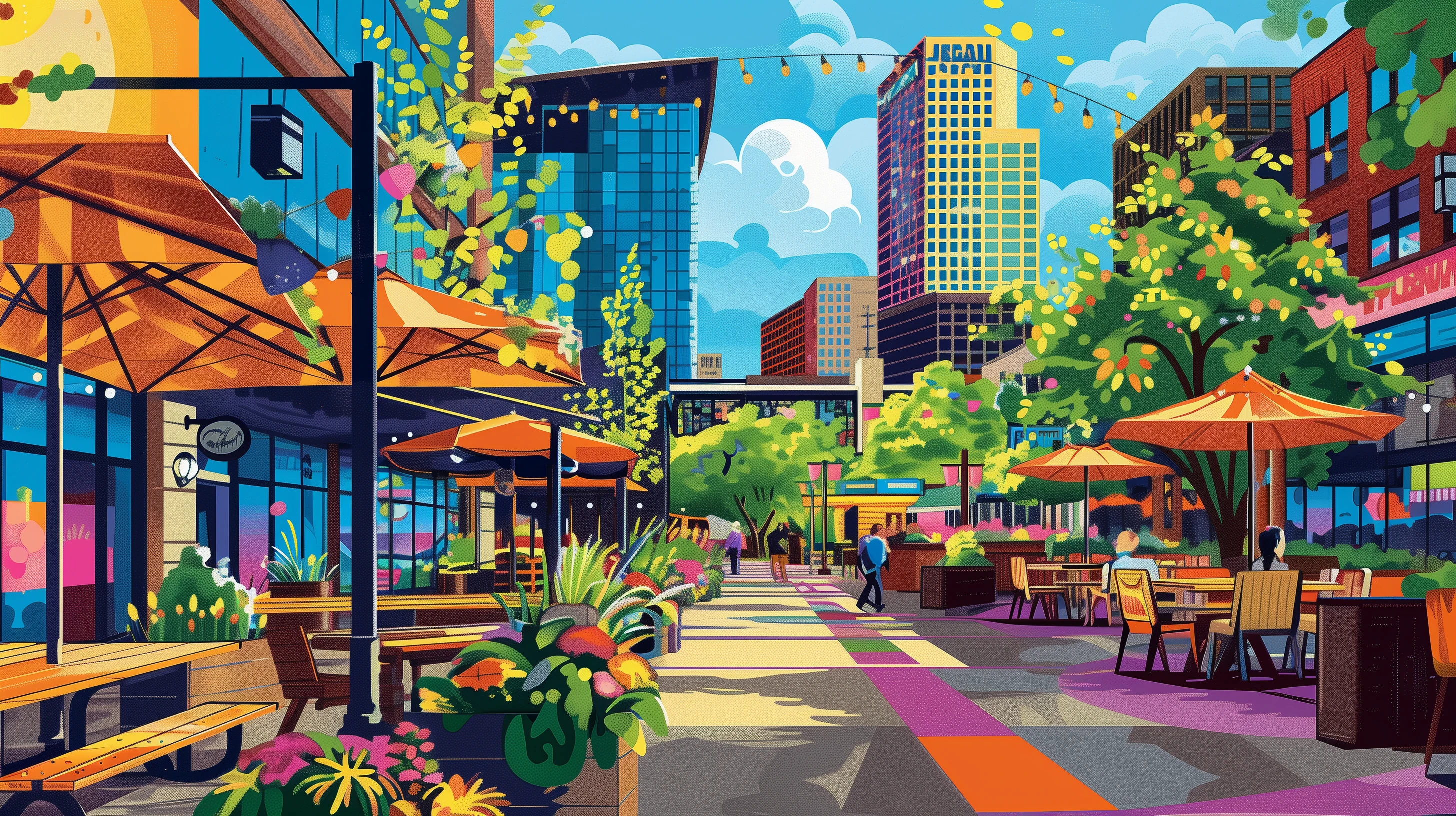 Vibrant, colorful illustration of downtown Rochester, MN in 2024 featuring trendy new restaurants with outdoor dining, lush green spaces, and a lively atmosphere