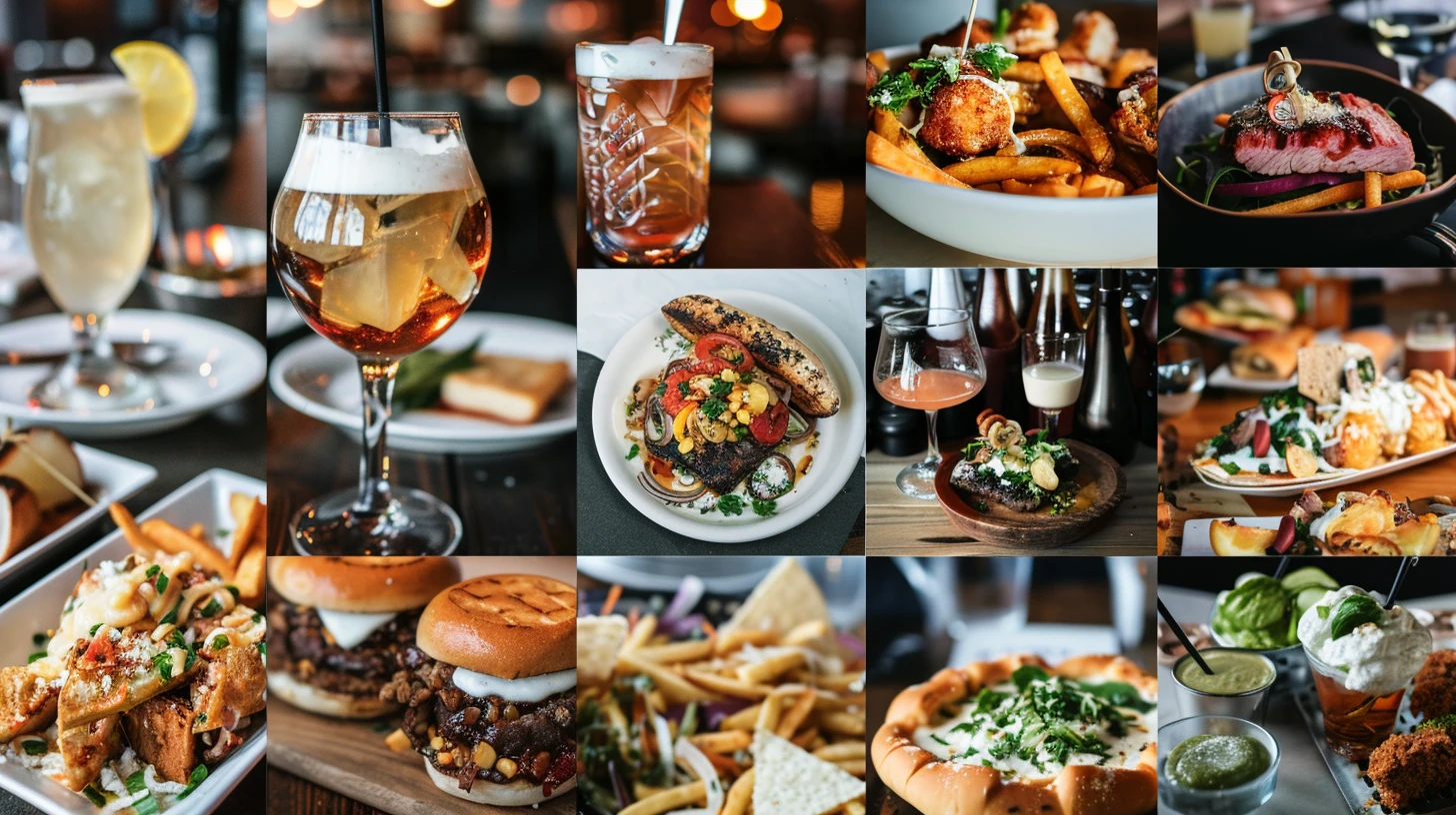 Trendy, popular dining spots in Rochester, MN, featuring a bustling bar scene, creative cocktails, and stylish interiors, photographed with warm, inviting lighting